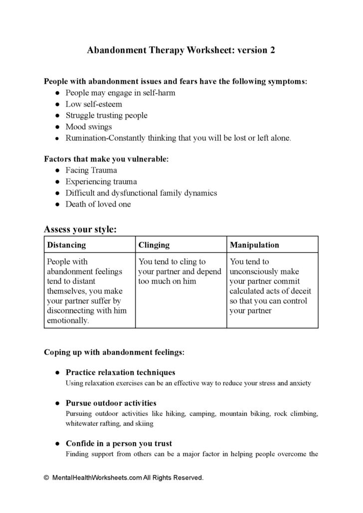 Abandonment Issues Worksheets Therapy Aid