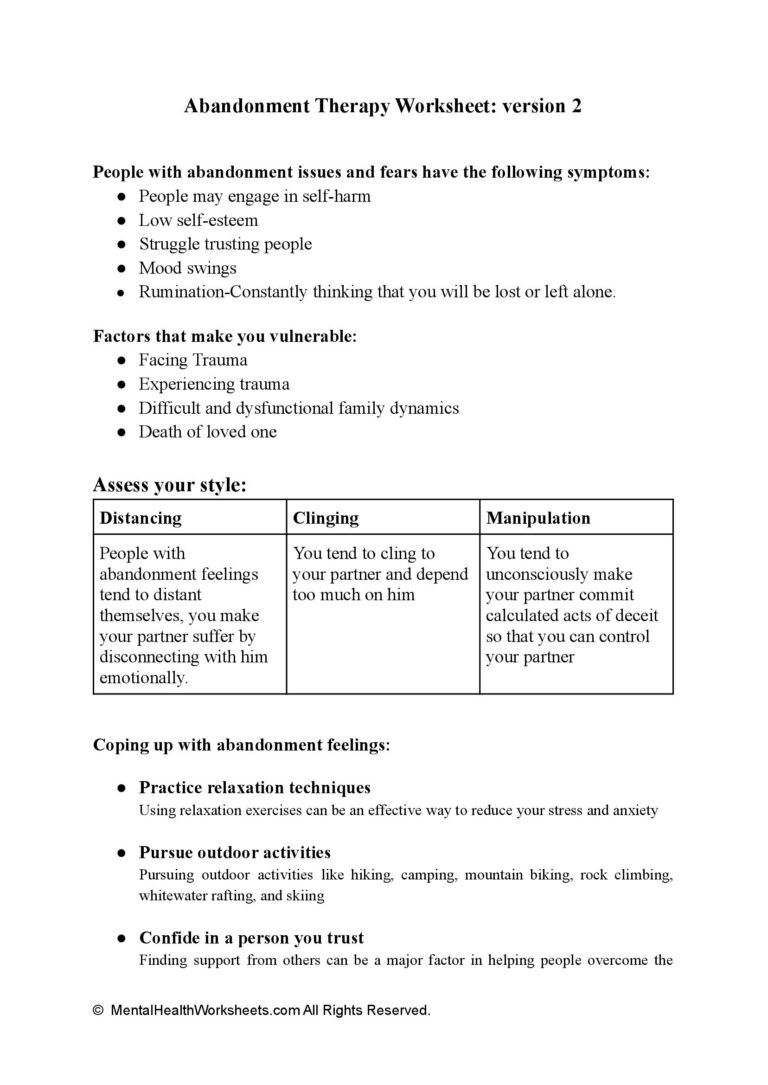 Abandonment Therapy Worksheet Version 2 Mental Health Worksheets ...