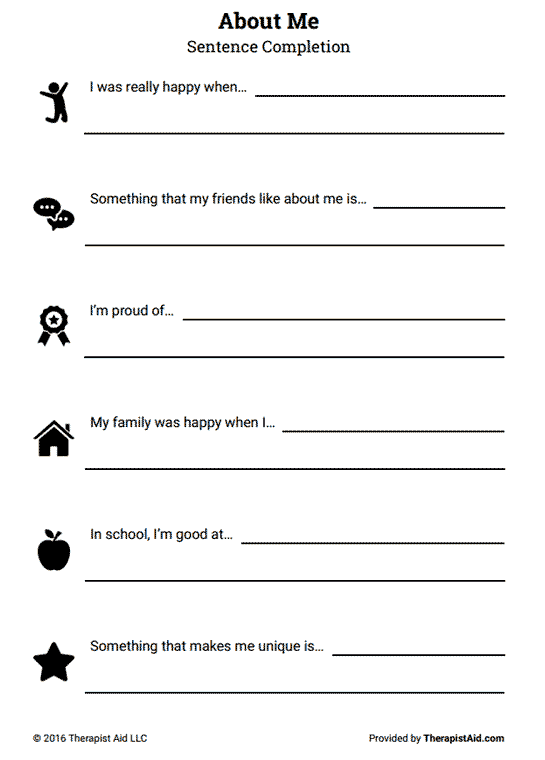 About Me Self Esteem Sentence Completion Worksheet Therapist Aid