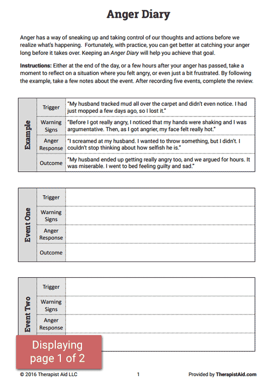 Anger Diary Worksheet Therapist Aid