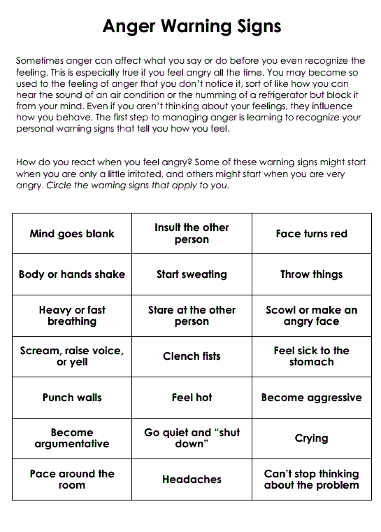 Anger Warning Signs Worksheet Therapist Aid Anger Management 