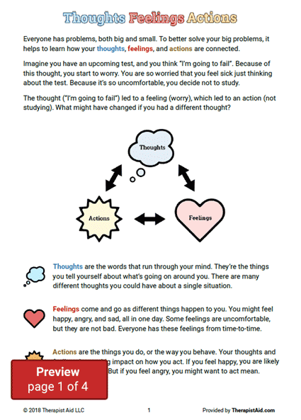 CBT For Kids Thoughts Feelings Actions Worksheet Therapist Aid 