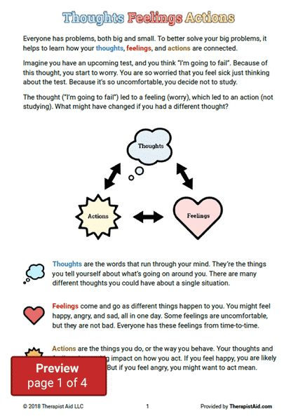 CBT For Kids Thoughts Feelings Actions Worksheet Therapist Aid 