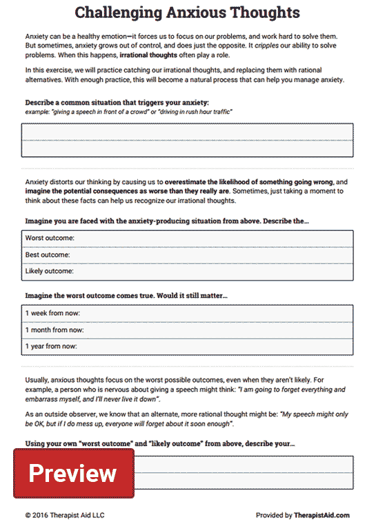 Challenging Anxious Thoughts Worksheet Therapist Aid