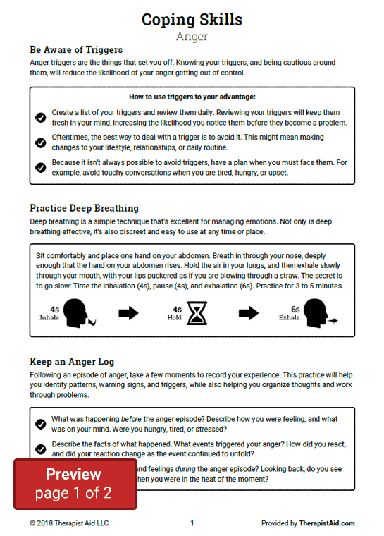 Coping Skills Anger Worksheet Therapist Aid Coping Skills 