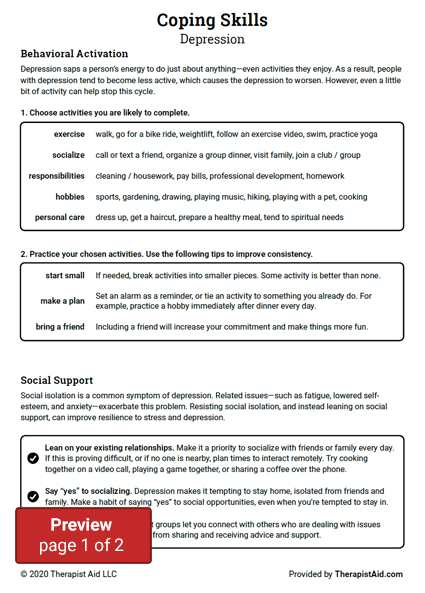 Depression Therapy Aide Worksheets