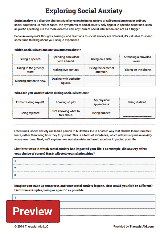 Exploring Social Anxiety Worksheet Therapist Aid