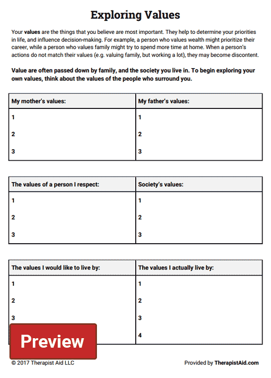Therapist Aide Values Worksheet