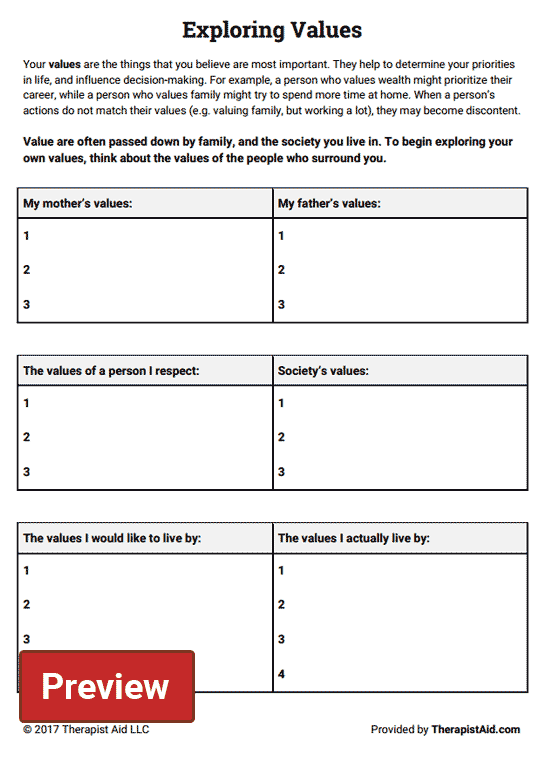 Exploring Values Worksheet Therapist Aid