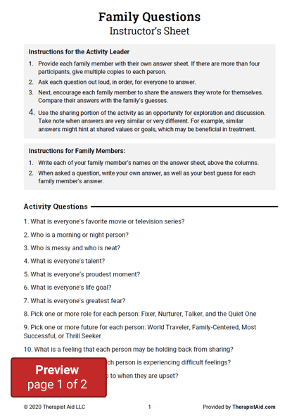 Family Questions Activity Worksheet Therapist Aid