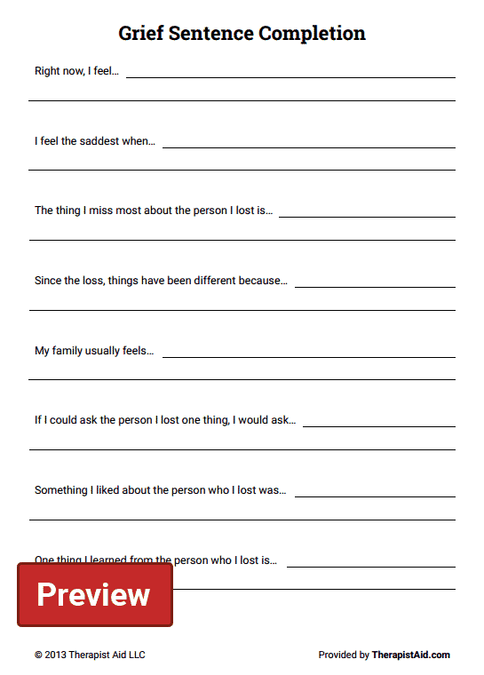 Grief Sentence Completion Worksheet Therapist Aid Grief 