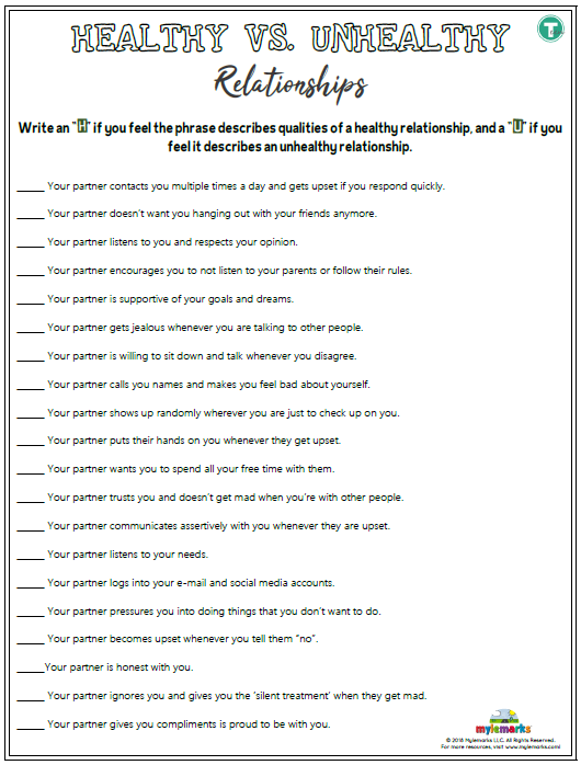 Healthy Relationship Worksheets For Kids And Teens