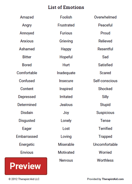 List Of Emotions Worksheet Therapist Aid List Of Emotions