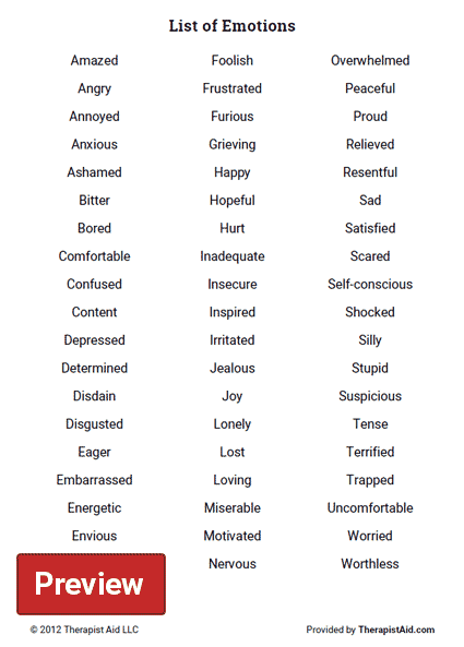 List Of Emotions Worksheet Therapist Aid List Of Emotions 