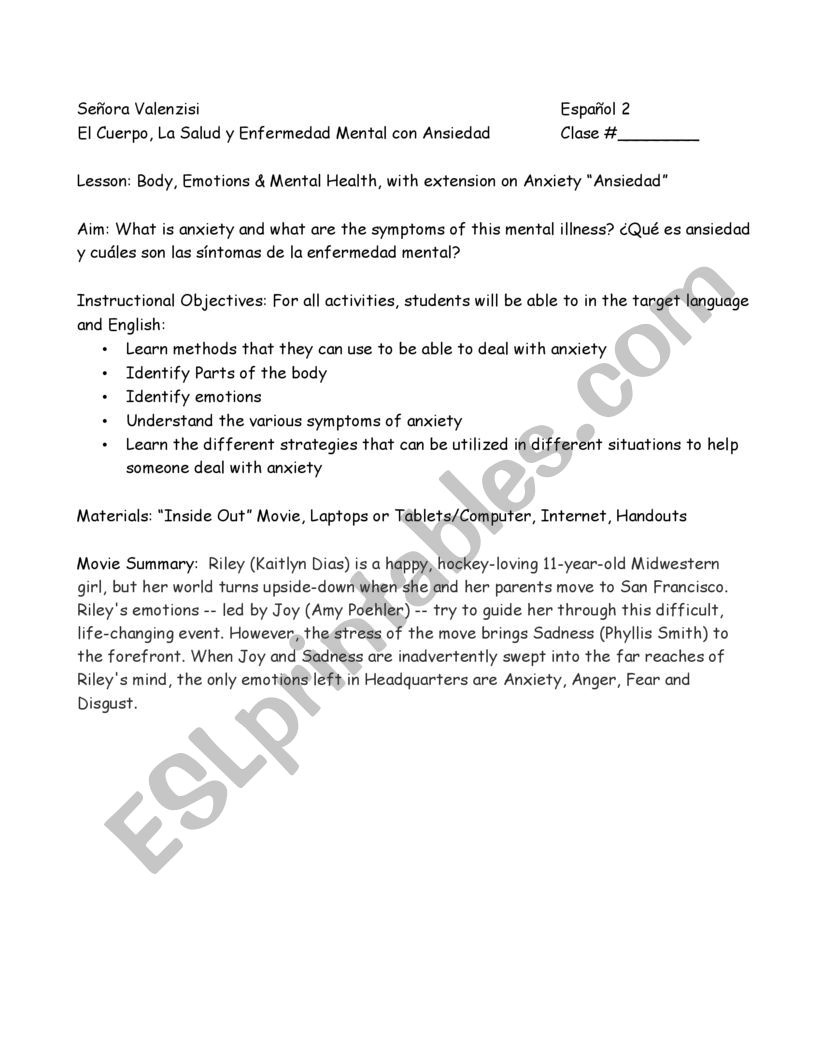 Mental Health Anxiety English Spanish ESL Worksheet By Rjldrvalenzisi