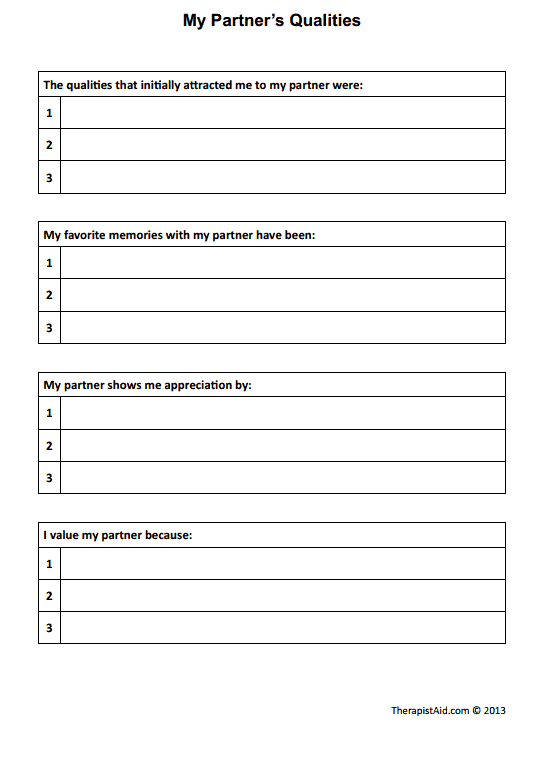 My Partner s Qualities Worksheet Therapist Aid Marriage 