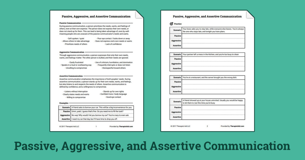 Passive Aggressive And Assertive Communication Worksheet | Anger ...
