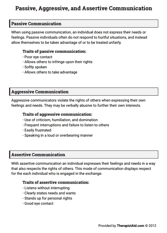 Passive Aggressive And Assertive Communication Worksheet 