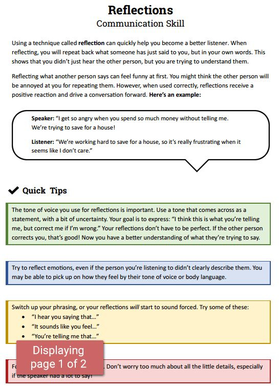 Reflections Communication Skill Worksheet Therapist Aid Family 