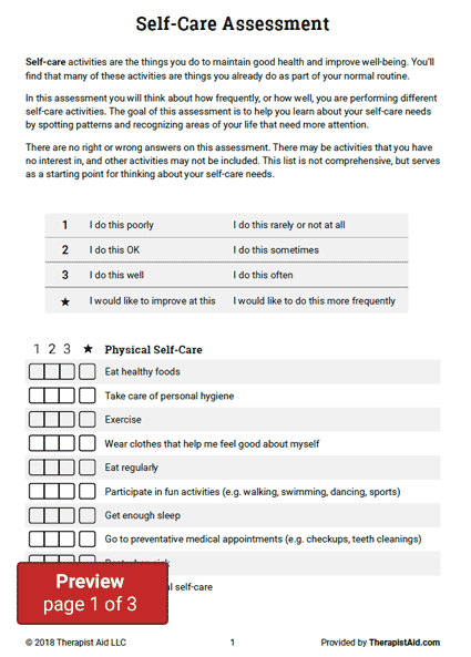 Therapist Aid Worksheets Self Care