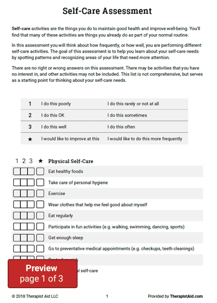 Self Care Worksheet Therapist Aid