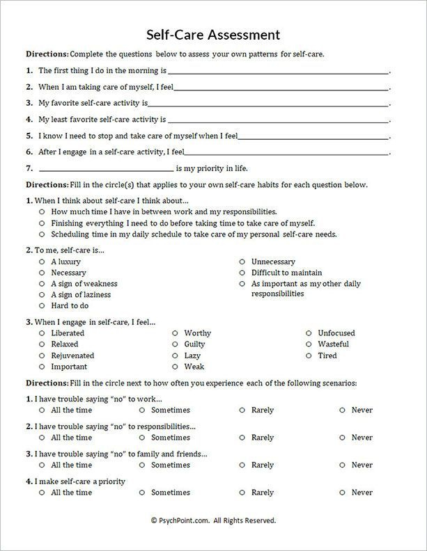 Self Care Assessment Worksheet