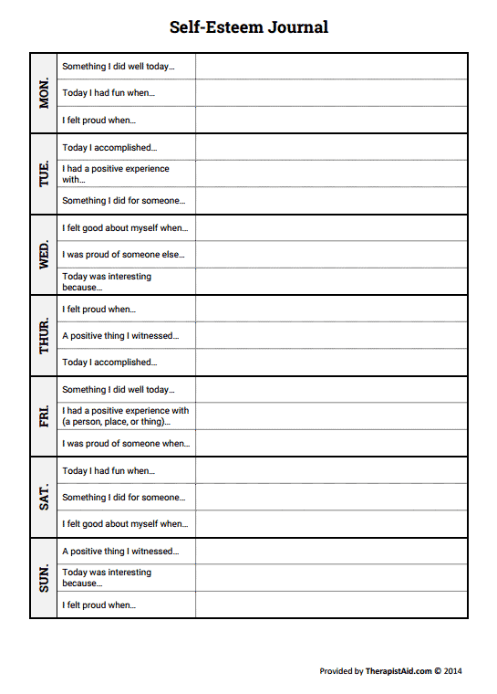 Therapist Aid Worksheets For Self Esteem