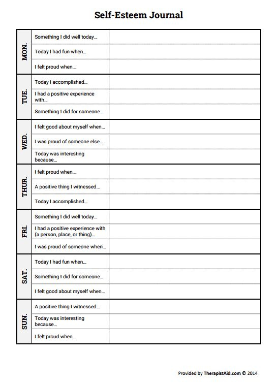 Self Esteem Journal Worksheet Therapist Aid In 2020 Self Esteem 