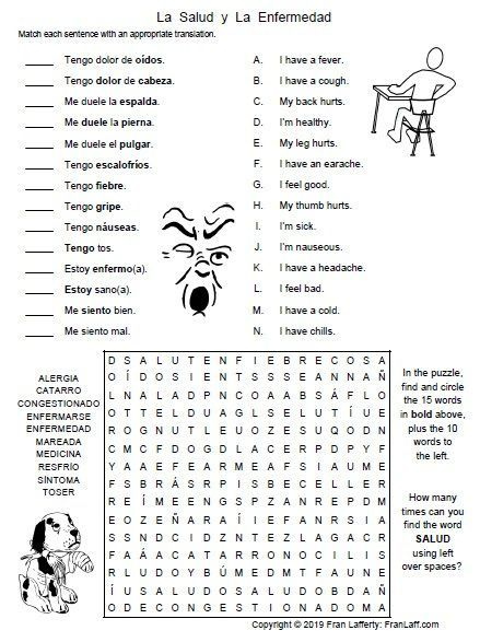 Spanish Worksheets Health Spanish Worksheets Phrases And Sentences 