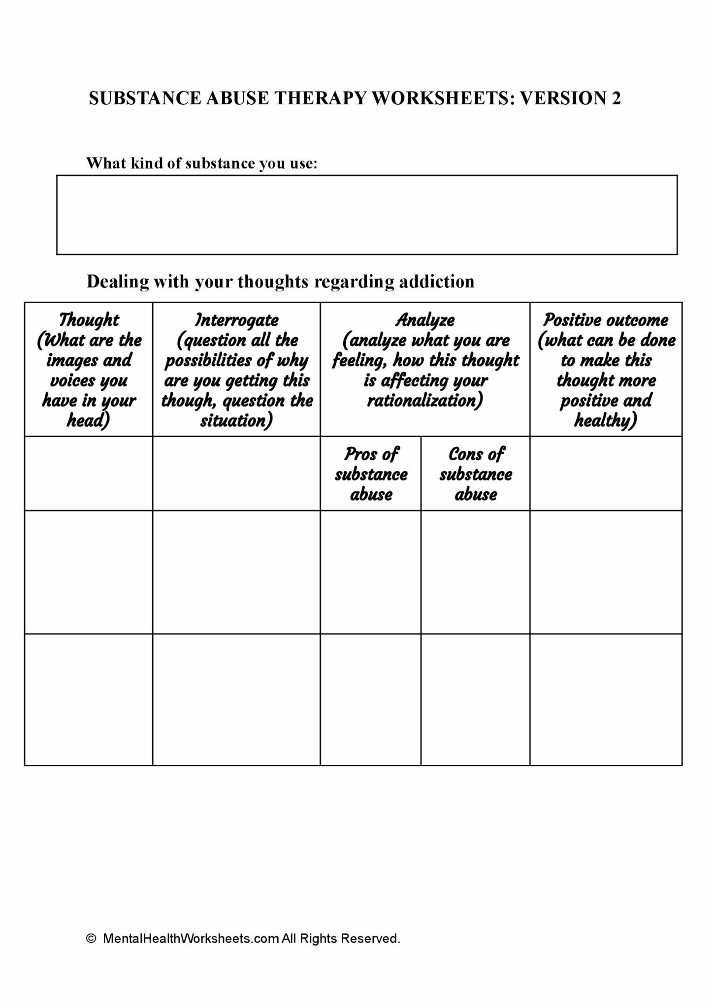 SUBSTANCE ABUSE THERAPY WORKSHEETS VERSION 2 Mental Health Worksheets