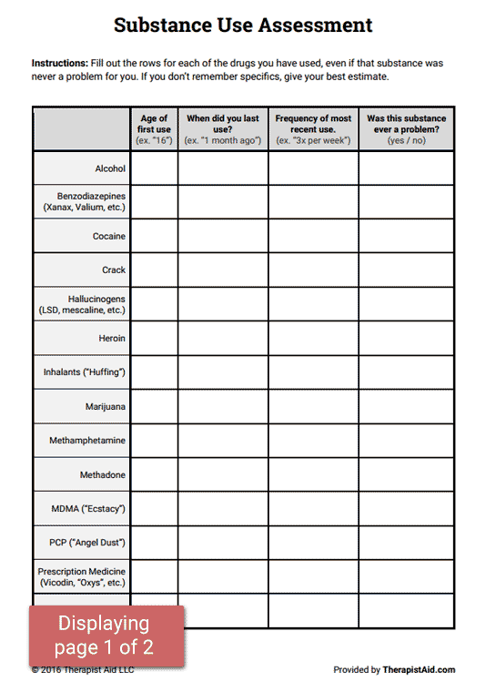 Substance Use Assessment Worksheet Therapist Aid