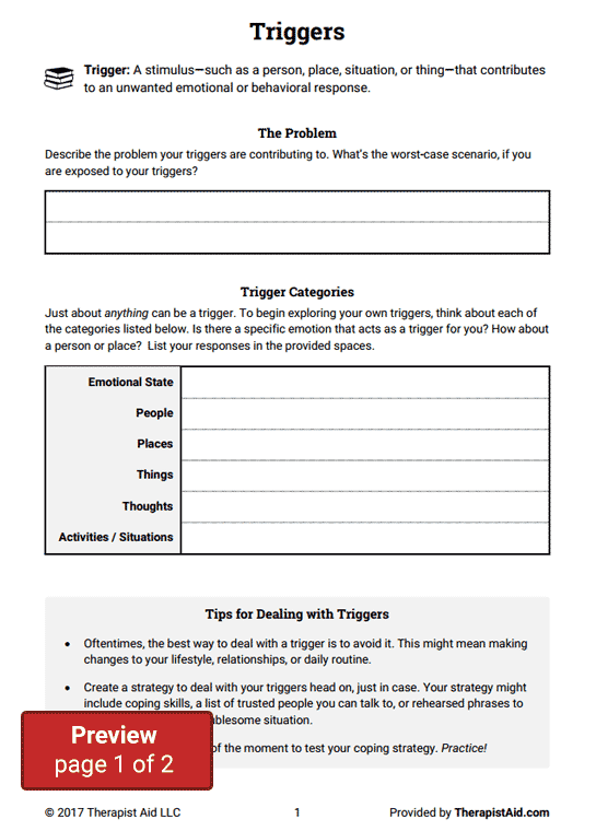 Triggers Worksheet Therapist Aid