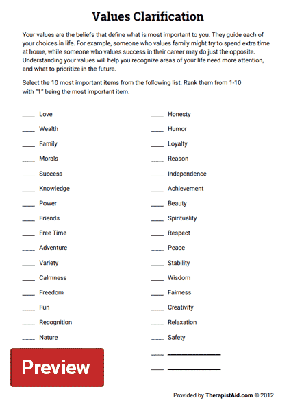 Values Clarification Worksheet Therapist Aid